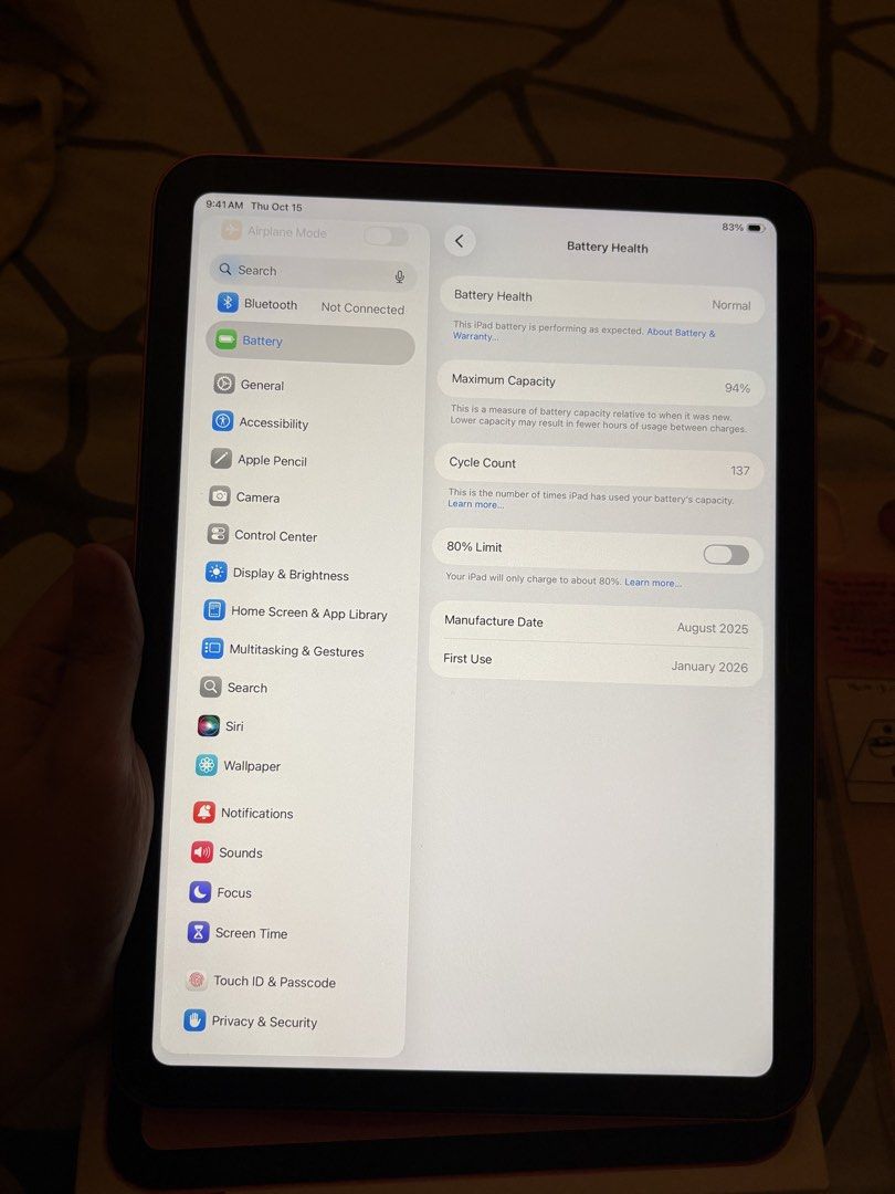 iPad A16 (11th Gen) 256gb WiFi (Category: iPad) located in Mandaluyong City. Submitted by hulyaabdz (Listing ID 1468253091, Image 3). Description: FOR SALE! 25k FIXED! 9 Months Old iPad A16 (11th Gen) 256gb Wifi in PINK ✅Purchased this year January 2026,under warranty until January 2027. ✅94% battery health with 137 cycle count ✅No issue ✅No history of repair INCLUSIONS: Original Box (same serial) Original Adapter Orignal Cord Case 25k fixed! PAS