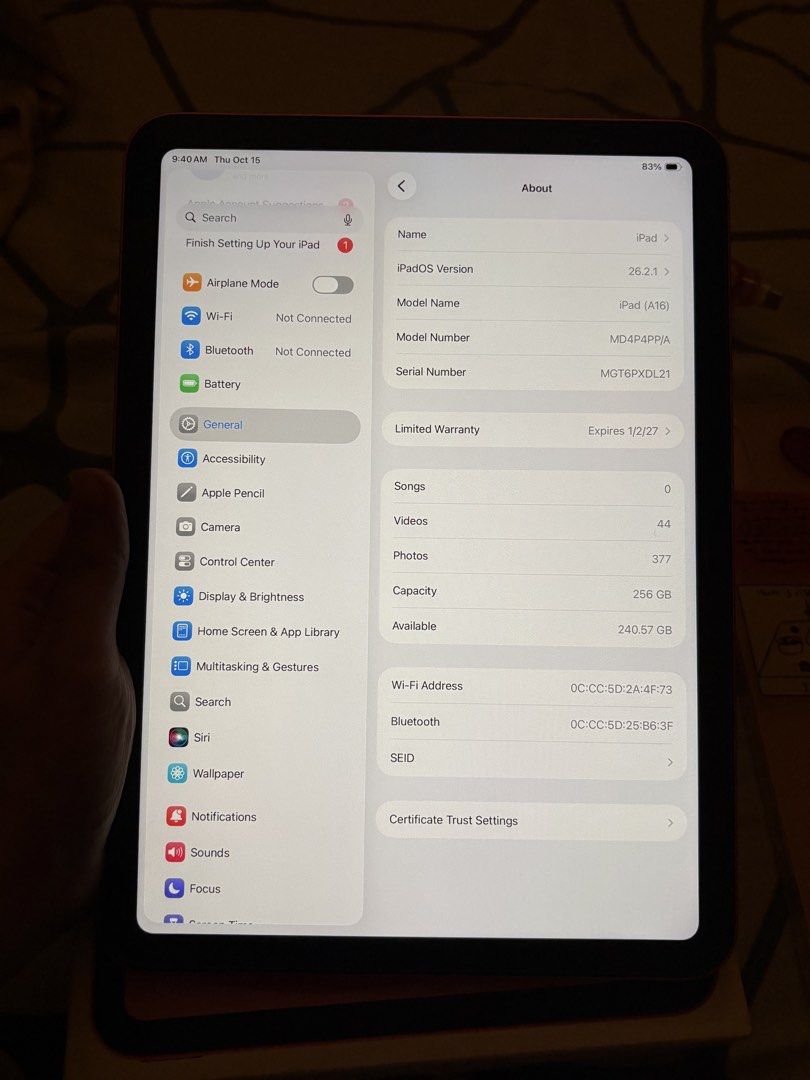 iPad A16 (11th Gen) 256gb WiFi (Category: iPad) located in Mandaluyong City. Submitted by hulyaabdz (Listing ID 1468253091, Image 2). Description: FOR SALE! 25k FIXED! 9 Months Old iPad A16 (11th Gen) 256gb Wifi in PINK ✅Purchased this year January 2026,under warranty until January 2027. ✅94% battery health with 137 cycle count ✅No issue ✅No history of repair INCLUSIONS: Original Box (same serial) Original Adapter Orignal Cord Case 25k fixed! PAS