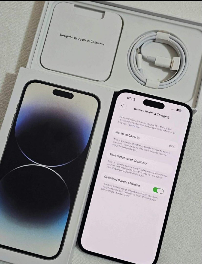 Iphone 14 pro max (Category: iPhone 14 Series) located in Manila. Submitted by noblestar.794f20 (Listing ID 1468150476, Image 3). Description: 18k Iphone 14 Promax Powermac 128gb storage Openline anysim 91% batteryhealth Ntc approve local variant Complete package with clear case.