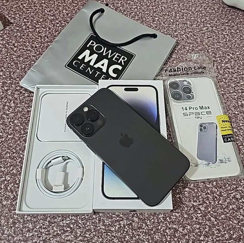 Iphone 14 pro max (Category: iPhone 14 Series) located in Manila. Submitted by noblestar.794f20 (Listing ID 1468150476, Image 1). Description: 18k Iphone 14 Promax Powermac 128gb storage Openline anysim 91% batteryhealth Ntc approve local variant Complete package with clear case.