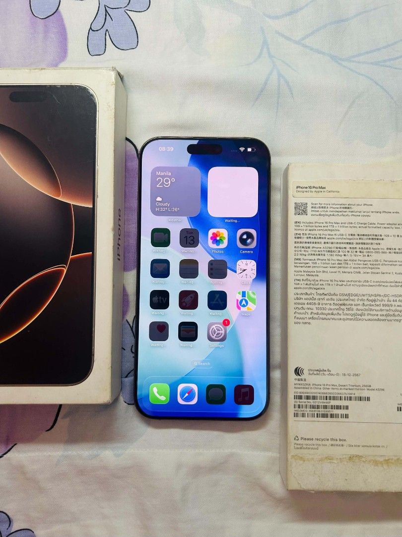 iPhone 16 Pro Max 256GB Openline (Category: iPhone 16 Series) located in Pasay City. Submitted by r.jadey (Listing ID 1468172949, Image 2). Description: iPhone 16 Pro Max 256GB Openline Desert Titanium Factory Unlocked No History of Repair May small scratch sa screen Local Variant ZP/A NTC Approved 91% Battery Health Unit and Box Only 47k.