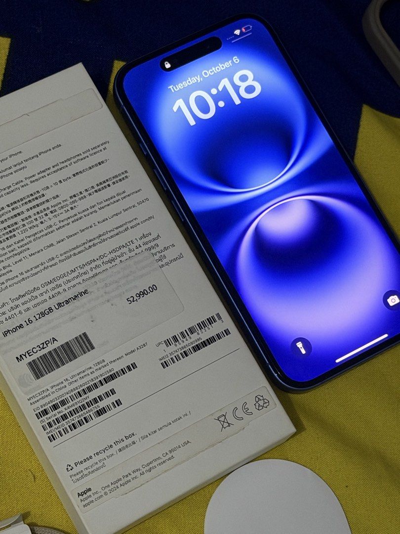 iPhone 16 with warranty (Category: iPhone 16 Series) located in Taguig. Submitted by cabspanda (Listing ID 1468105973, Image 2). Description: Model: iPhone 16 personal used - Color: Ultramarine - Storage: 128GB - Battery Health: 88% - Warranty: Valid until October 24, 2026 - Inclusions: Original box, charging cable, USB-C power adapter, and 2 phone cases (including a Pokémon Gengar case) - Condition: Excellent, well-maintained - MOP: GCash / Bank