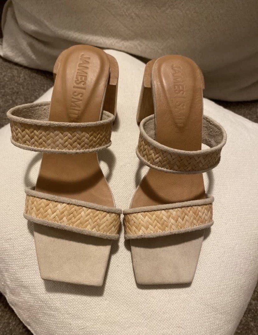 James Smith Woven Block Heel Sandals (Category: Flats & Sandals) located in Muntinlupa City. Submitted by hollieberrygirl (Listing ID 1468124450, Image 2). Description: James Smith Slip-on Sandals Store bought in Australia Woven, Natural Color Leather upper Slip on style w/ Twin vamp straps 8cm wooden block heel Size 37 ₱4,850 SF c/o buyer Seller is not responsible for anything that happens to the item after purchase..