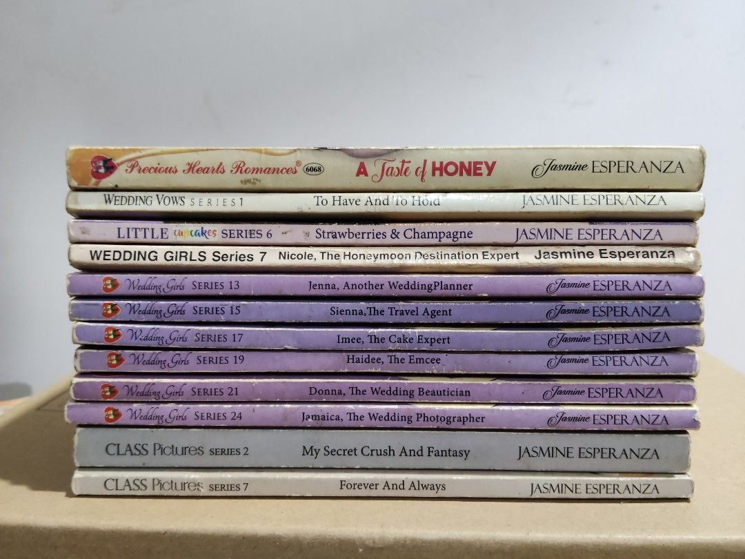 Jasmine Esperanza Romance Books Bundle Precious Hearts Romances (Category: Storybooks) located in Puerto Princesa. Submitted by marsie1937 (Listing ID 1468143737, Image 1). Description: wts lfb FOR SALE PHR Precious Hearts Romance Jasmine Esperanza Bundle PRELOVED (12 pcs) Wedding Girls 7, 13, 15, 17, 19, 21, 24 Class Pictures 2, 7 Wedding Vows 1, Little Cupcakes 6, A Taste of Honey Condition: Fair to Well-used Loc: Puerto Princesa Palawan MOD: J