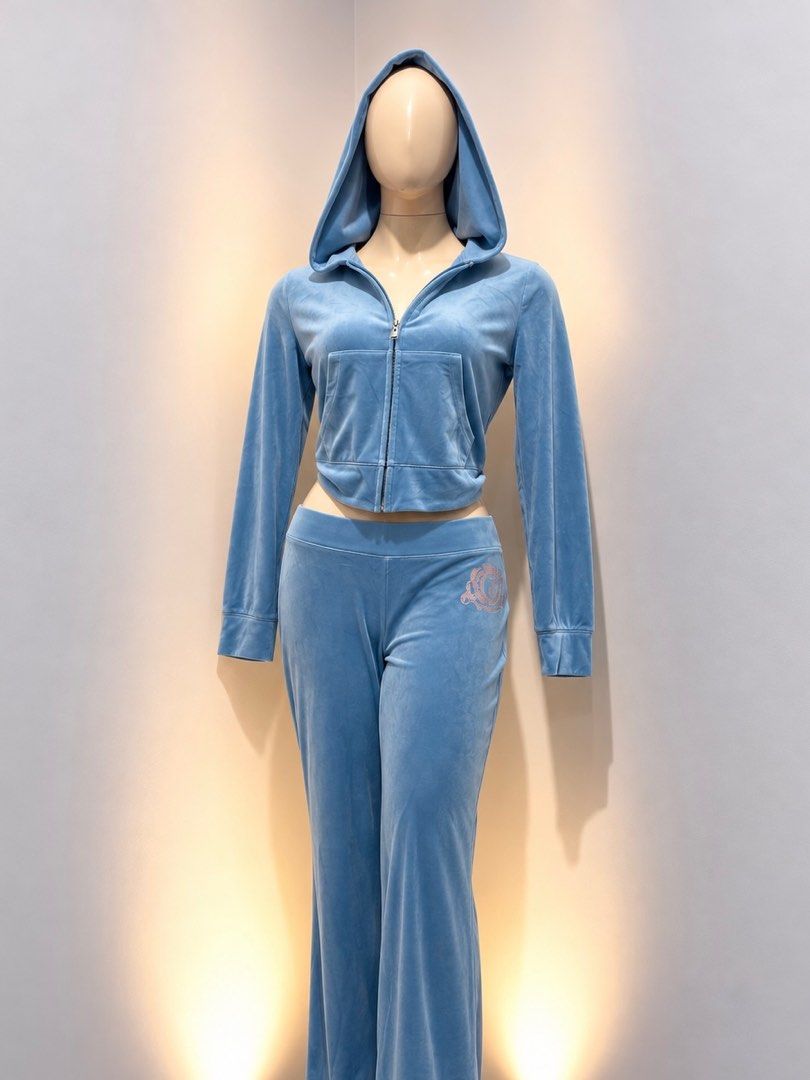 JC Light Blue Velour Tracksuit Set (Category: Coats, Jackets and Outerwear) located in Cavite. Submitted by keitiii (Listing ID 1468175427, Image 1). Description: - 2-piece light blue velour tracksuit set - Zip-up hoodie featuring an attached hood and front pockets - Low-rise flared pants with a subtle embroidered logo on the hip - Made from ultra-soft, extremely comfortable fabric - Perfect for lounging at home or stylish casual outings.