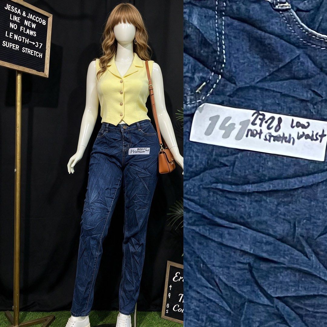 Jessa & Jaccob Super Stretch Jeans (Category: Jeans) located in Manila. Submitted by ericafajardo35 (Listing ID 1468082294, Image 2). Description: - Brand: Jessa & Jaccob - Item: Stretch denim pants - Sizes: Numbers 138 to 142 (Check photos for exact tagging) - Waist: Mid-waist and high-waist options available - Fit: Straight leg - Length: 37 inches - Colors/Washes: Multiple blue and black washes - Pattern: Solid.