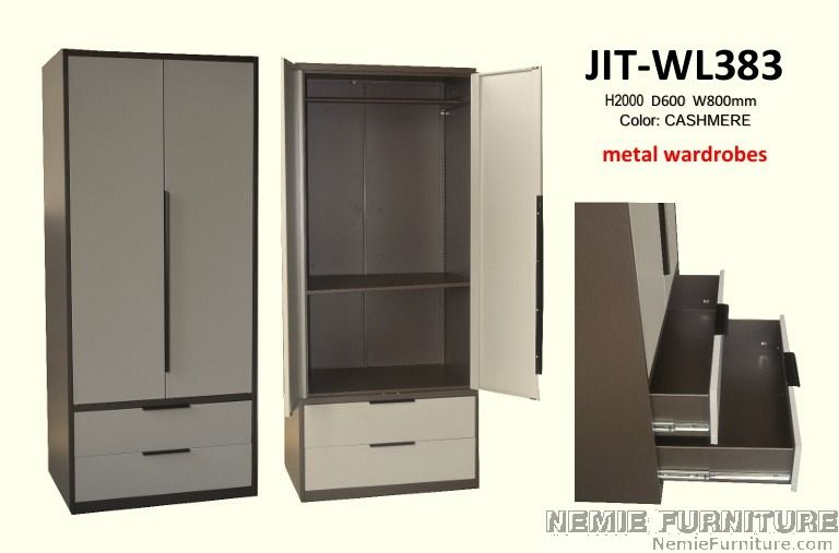 JIT-WL383 Metal Wardrobe Cabinet (Category: Shelves, Cabinets & Racks) located in Quezon City. Submitted by nemiefurniture (Listing ID 1468075375, Image 1). Description: - Brand/Model: Nemie Furniture JIT-WL383 Metal Wardrobe - Color: Cashmere with stylish dark handles - Dimensions: Height 2000mm | Depth 600mm | Width 800mm - Storage: 2 doors, spacious hanging rail, and convenient upper shelf - Drawers: 2 bottom drawers on smooth metal tracks.