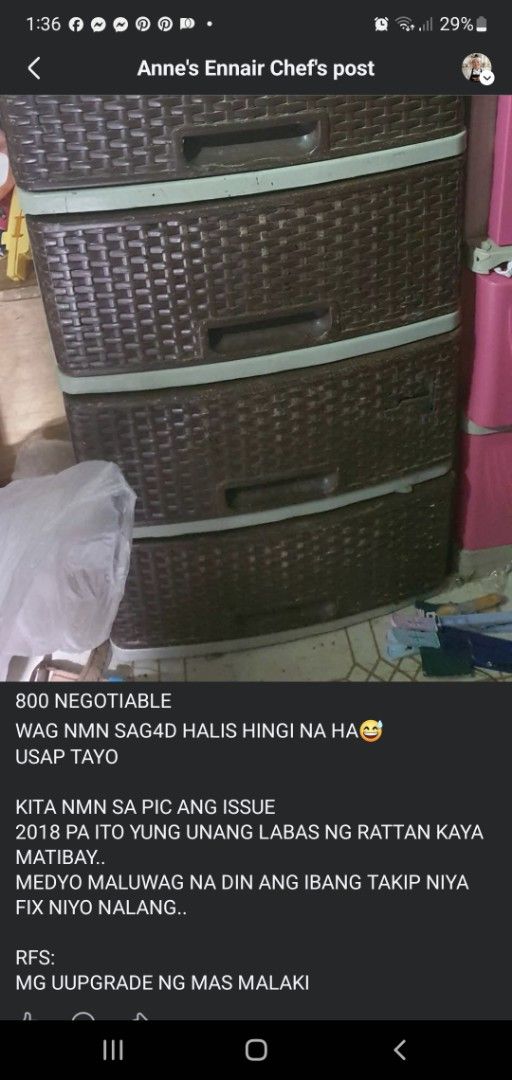 Jolly Rattan Style 4-Layer Plastic Storage Drawer (Category: Shelves, Cabinets & Racks) located in Manila. Submitted by momshanne_6996 (Listing ID 1468140810, Image 1). Description: - Brand/Model: Jolly 4-Layer Storage Drawer - Design: Brown rattan pattern - Era: 2018 first release batch (super sturdy build) - Condition: Dusty and shows wear from storage; some drawers are a bit loose on tracks and need minor fixing - Reason for selling: Upgraded 