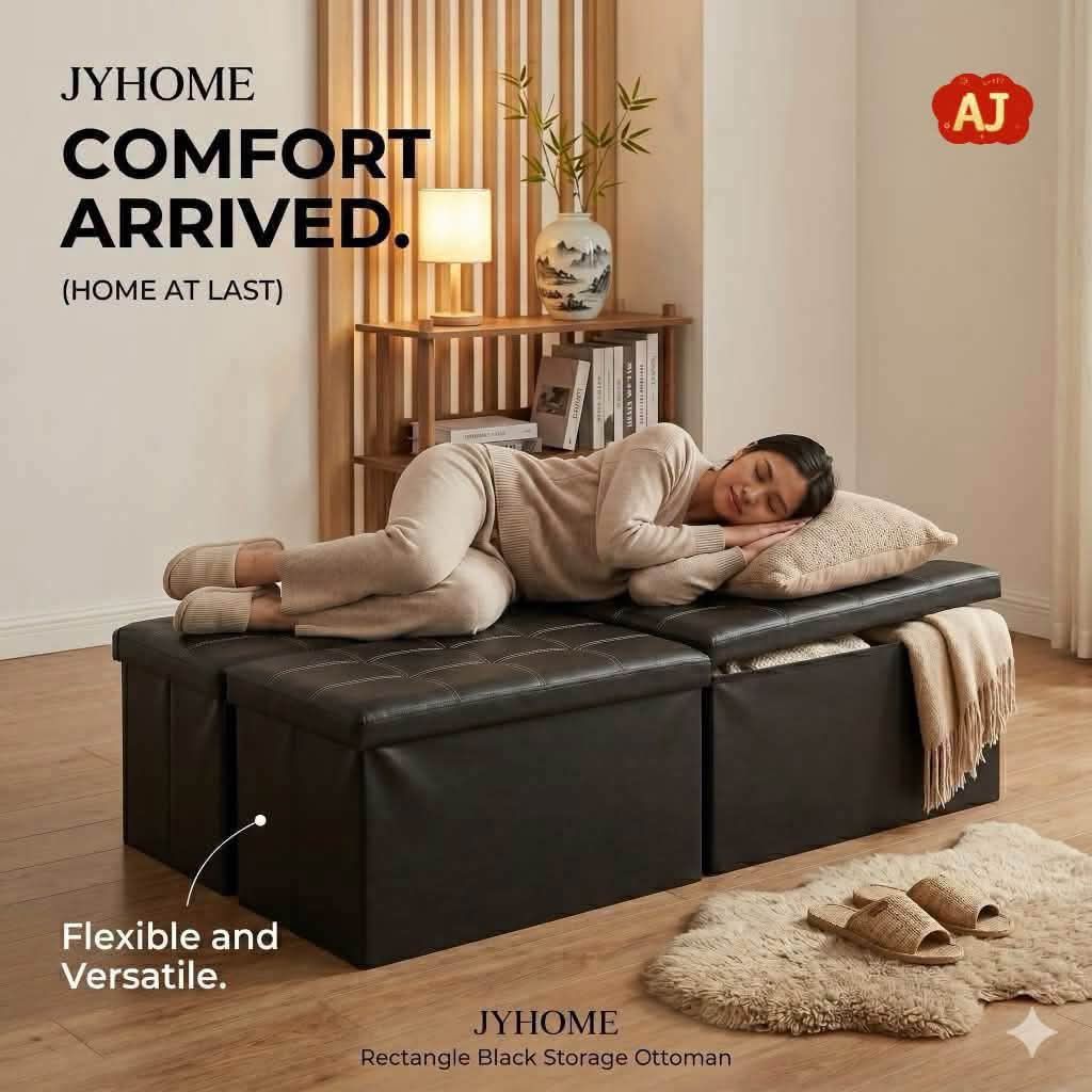 JYHOME Rectangle Black Storage Ottoman (Category: Chairs) located in Manila. Submitted by iliasjen3082126 (Listing ID 1468218877, Image 2). Description: - Brand: JYHOME - Type: Rectangle Black Storage Ottoman - Capacity: Generous 110L hidden compartment for toys, books, and blankets - Design: Foldable and space-saving, ideal for any room - Build: Heavy-duty and sturdy for stable seating - Material: Waterproof PU leather surface for quick and easy