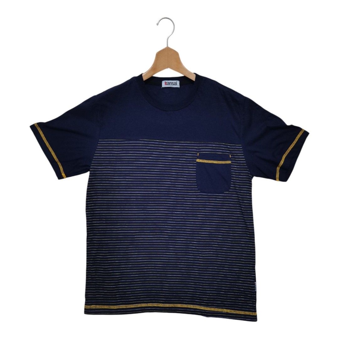 Kansai Yamamoto Vintage Split-Stripe Pocket Tee (Category: Shirts) located in Santa Cruz. Submitted by oddpenguin-4575 (Listing ID 1468098326, Image 1). Description: 📌.....P L E A S E R E A D..... 📌measurement:Laid flat Sh-17"/Sleeve-8.5"/Chest-18"/Lenght-26"/armhole-7"/armpit-9" 📌size:Medium in the tag but this shirt translates to a Standard Small (S) in local Filipino men's sizing. 📌color-9/10 📌 Brand: Kansai Yamamoto (Authentic Japanese I