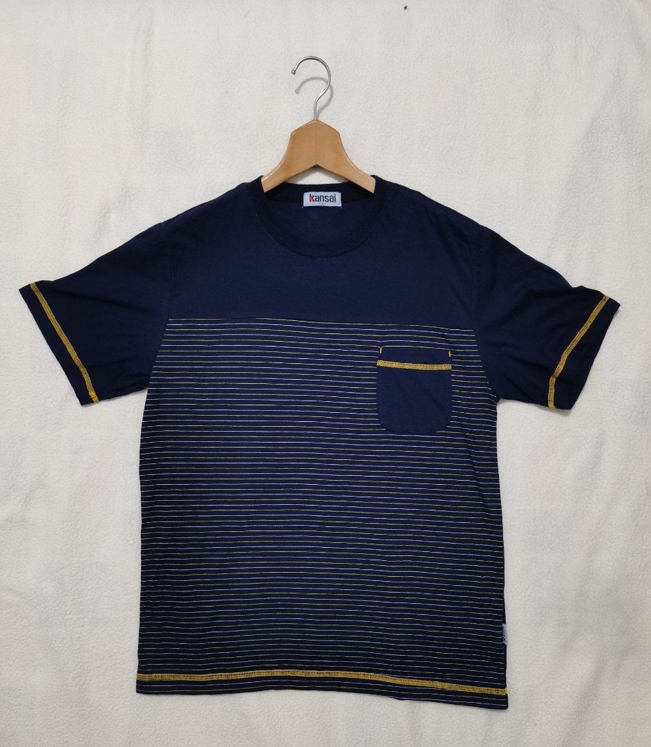 Kansai Yamamoto Vintage Split-Stripe Pocket Tee (Category: Shirts) located in Santa Cruz. Submitted by oddpenguin-4575 (Listing ID 1468098326, Image 2). Description: 📌.....P L E A S E R E A D..... 📌measurement:Laid flat Sh-17"/Sleeve-8.5"/Chest-18"/Lenght-26"/armhole-7"/armpit-9" 📌size:Medium in the tag but this shirt translates to a Standard Small (S) in local Filipino men's sizing. 📌color-9/10 📌 Brand: Kansai Yamamoto (Authentic Japanese I