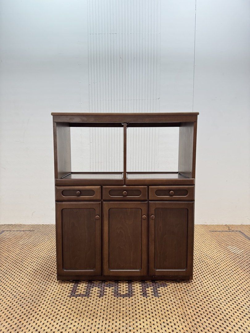 Karimoku storage cabinet (Category: Shelves, Cabinets & Racks) located in Quezon City. Submitted by matetdevis13 (Listing ID 1468225268, Image 1). Description: KARIMOKU Wooden Multi-Storage Cabinet with 3 Drawers and Double-Shelve Cupboards Price: 4,900 L35.5 x W16 x H43.5 In good condition Code MJS20-MJ297.