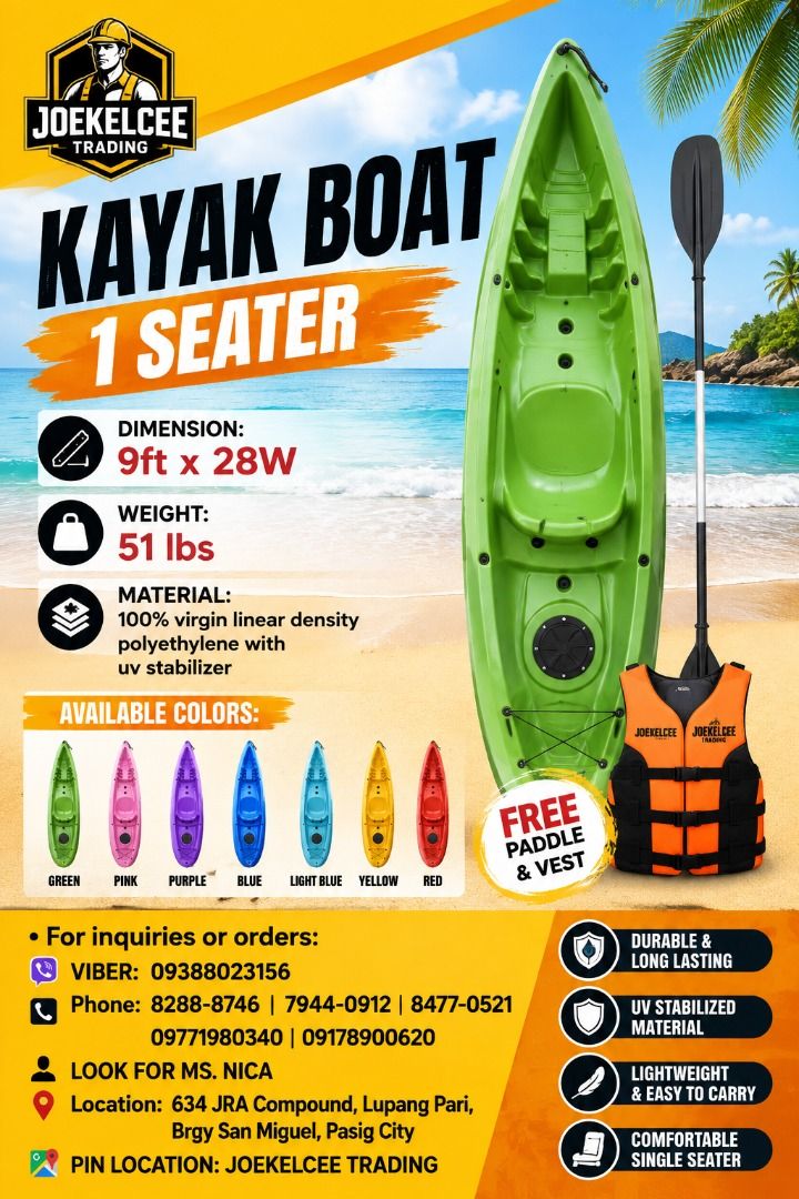 KAYAK BOAT 1 SEATER (Category: Water Sports) located in Caloocan City. Submitted by Raincoat_supplier2020 (Listing ID 1468131496, Image 1). Description: 📦 Looking for reliable storage solutions? Introducing Joekelcee Trading's JUMBO CRATES - your go-to source as a DIRECT SUPPLIER! 🌟 Get organized with our durable crates today! 🛒 📌 Explore Our Range of Products: ✅ PPE items ✅ Trash bins ✅ Crates ✅ Cooler crates ✅ Coverall uniforms ✅ Fireman su