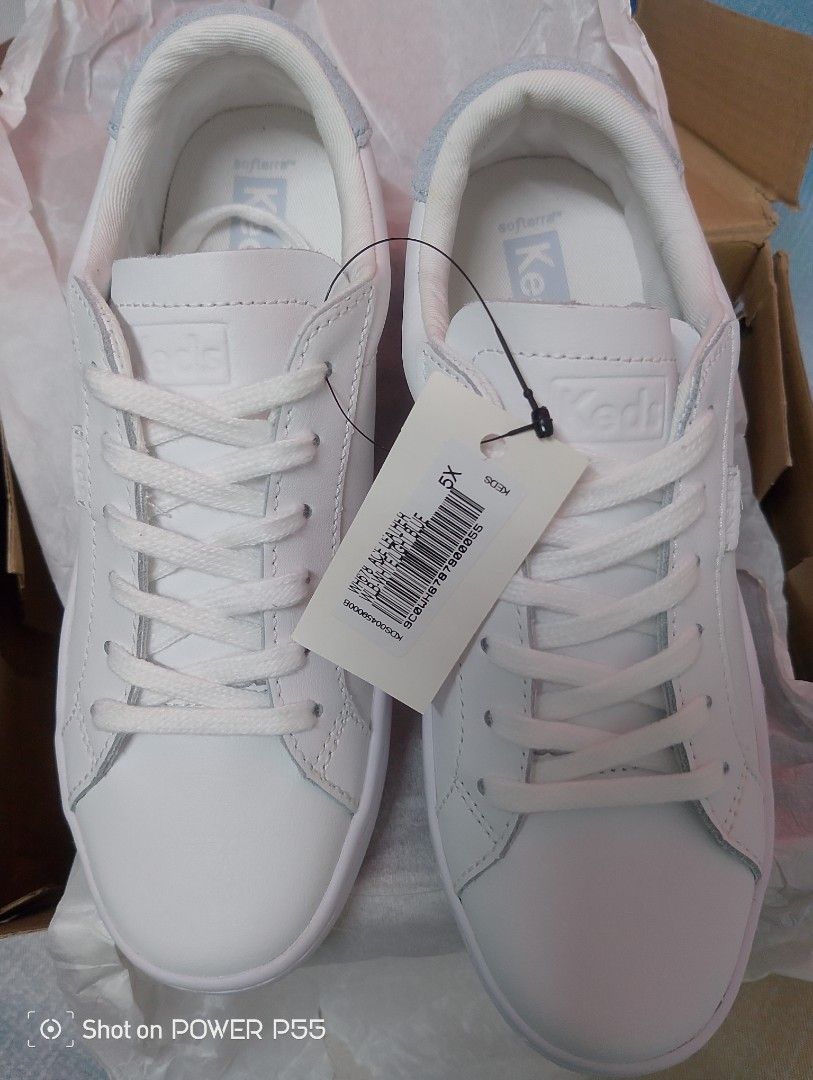 Keds Ace Leather White Light Blue Sneakers (Category: Sneakers) located in Binan City. Submitted by stuffshop29 (Listing ID 1468093776, Image 1). Description: - Brand: Keds Ace Leather - Color: White with light blue accents - Size: UK 3 M / EUR 35.5 M / 5X - Condition: Brand new with tags attached, in original box - Style: Classic lace-up casual sneakers.