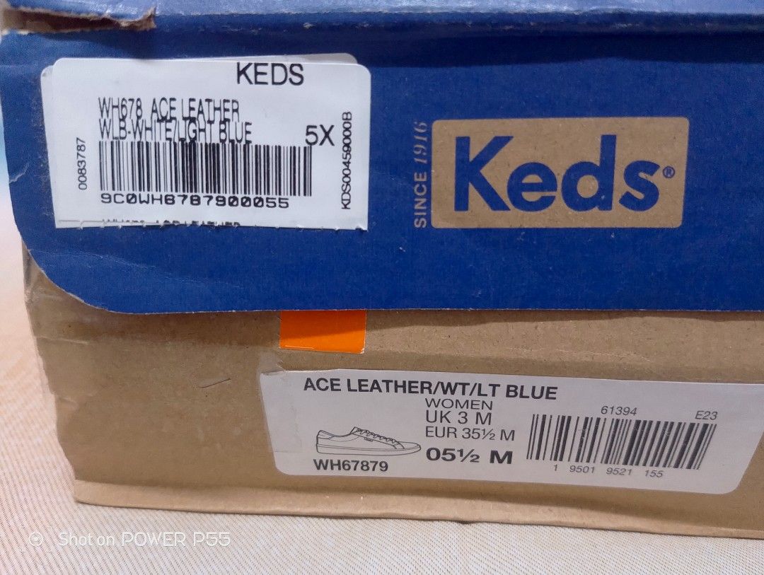 Keds Ace Leather White Light Blue Sneakers (Category: Sneakers) located in Binan City. Submitted by stuffshop29 (Listing ID 1468093776, Image 2). Description: - Brand: Keds Ace Leather - Color: White with light blue accents - Size: UK 3 M / EUR 35.5 M / 5X - Condition: Brand new with tags attached, in original box - Style: Classic lace-up casual sneakers.