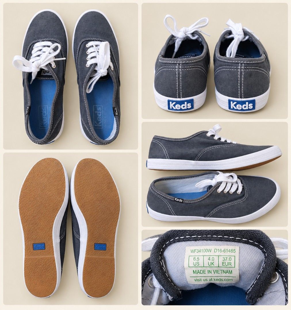 Keds Champion Canvas Sneakers (Category: Sneakers) located in Manila. Submitted by maxinesotto (Listing ID 1468108905, Image 1). Description: - Brand: Keds - Color: Dark grey with white laces and stitching - Size: US 6.5 / UK 4.0 / EUR 37.0 - Material: Durable canvas upper with brown rubber outsole - Condition: Clean soles, crisp white sidewalls, ready to wear - Style: Classic low-top design with comfortable blue insoles - Origin: Made in Vietnam