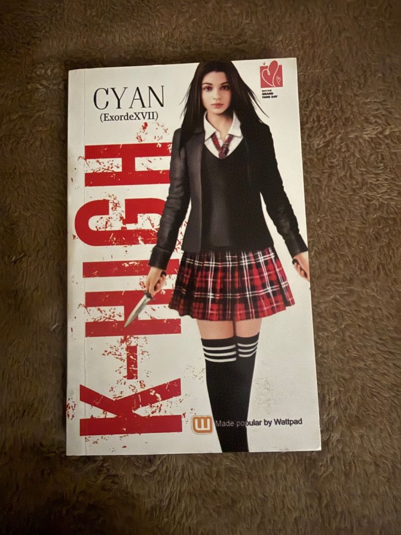 K-High by Cyan (Category: Storybooks) located in Manila. Submitted by vaultfinds (Listing ID 1468237093, Image 1). Description: K-High novel by Cyan (ExordeXVII). Popular story originally from Wattpad. Softcover format. White cover features a girl in school uniform holding a knife with large red typography. Clean pages inside. Great addition for fans of young adult fiction and Wattpad books. Standard paperback size. Ready for reading..