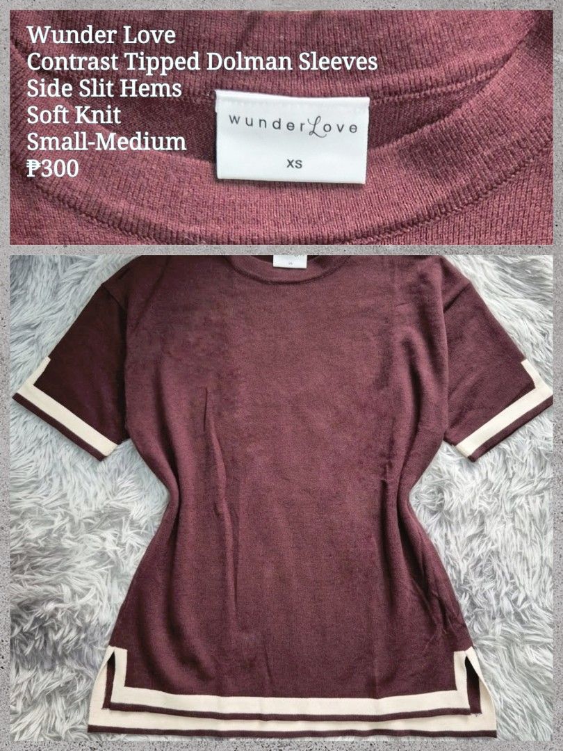 Knitted 3/4 Top (Category: Blouses) located in General Trias. Submitted by relove_closet8 (Listing ID 1468146673, Image 1). Description: • Washed and never used. • Contrast tipped dolman sleeves. • Side slit hems. • Soft knit. • Sizing runs large. Can fit upto medium body frame. • Buyer handles shipping fee and book J&T or Lalamove only. • Payment first via bank transfer or e-wallet • No cancellation/return/refund of orders. 📍Lancaster, General 