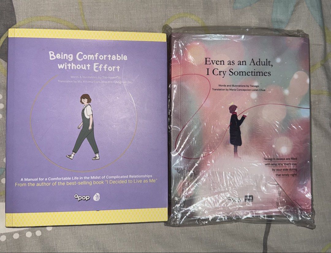 Korean Self-Help (Category: Storybooks) located in Malabon City. Submitted by sheena1218 (Listing ID 1468252682, Image 1). Description: - 3 popular Korean self-help books translated into English - Titles: Being Comfortable without Effort, Even as an Adult, I Cry Sometimes, You Can Wind Down from Time to Time - Authors: Soo-hyun Kim, Twoego, Dan Kim (Published by apop) - Great for reading about adulting, mental health, and relationships - Conditio