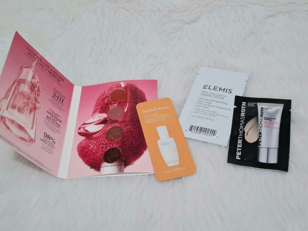 Lancome Sample (Category: Face Care) located in Quezon City. Submitted by anj.m1 (Listing ID 1468248064, Image 2). Description: Bundle of 4 high-end beauty and skincare sample packets ✨ Lancome Lip Idole Juicytreat brochure with lip gloss color samples ✨Sulwhasoo First Care Activating Serum VI (1ml) ✨ Elemis Pro-Collagen Marine Cream (2ml) ✨ Peter Thomas Roth Instant FirmX No-Filter Primer ✨ 100% brand new, unopened sachets .