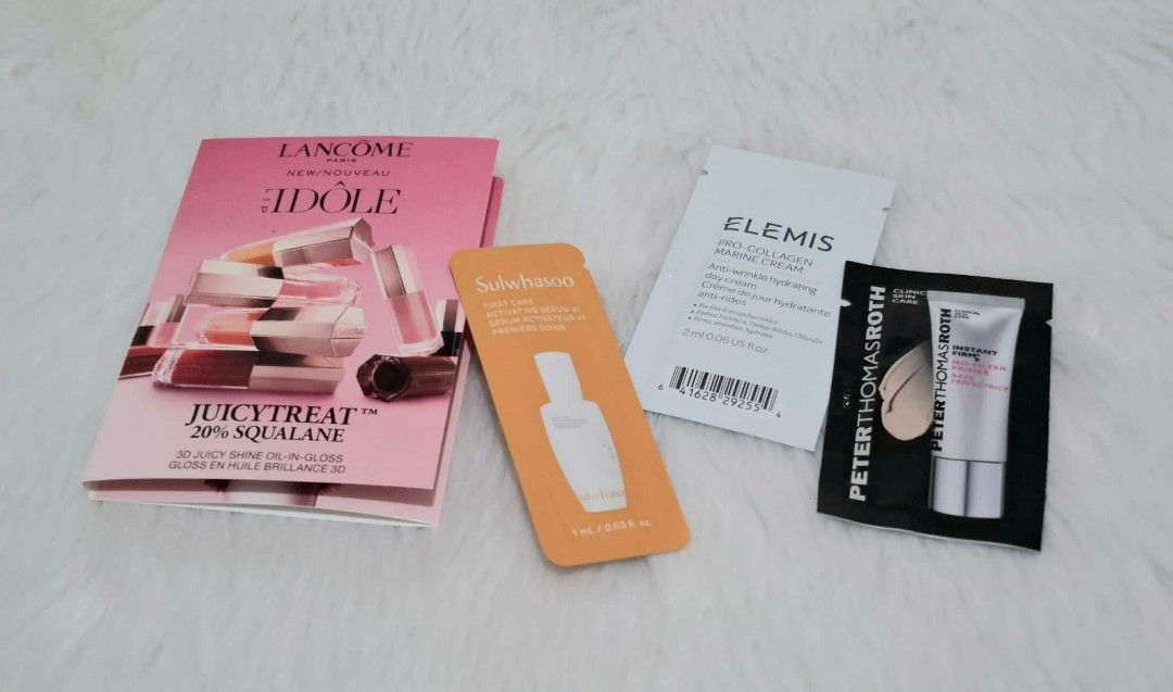 Lancome Sample (Category: Face Care) located in Quezon City. Submitted by anj.m1 (Listing ID 1468248064, Image 1). Description: Bundle of 4 high-end beauty and skincare sample packets ✨ Lancome Lip Idole Juicytreat brochure with lip gloss color samples ✨Sulwhasoo First Care Activating Serum VI (1ml) ✨ Elemis Pro-Collagen Marine Cream (2ml) ✨ Peter Thomas Roth Instant FirmX No-Filter Primer ✨ 100% brand new, unopened sachets .