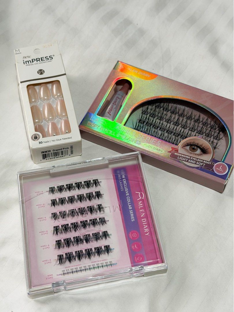 Lash and Nails Set (Sold as a Set) (Category: Hands & Nails) located in Pasig City. Submitted by paolasoriano_wind (Listing ID 1468152639, Image 1). Description: SOLD AS A SET ✨ - KISS imPress press-on nails (beautiful champagne color, 30 nails, vegan / cruelty-free, with prep pad, mini file and manicure stick. Pasalubong from the States. Unused and unopened. Box just has a tear at the back. - MLEN Diary Lashes “Exclusive Collab Series” (TRADITIO