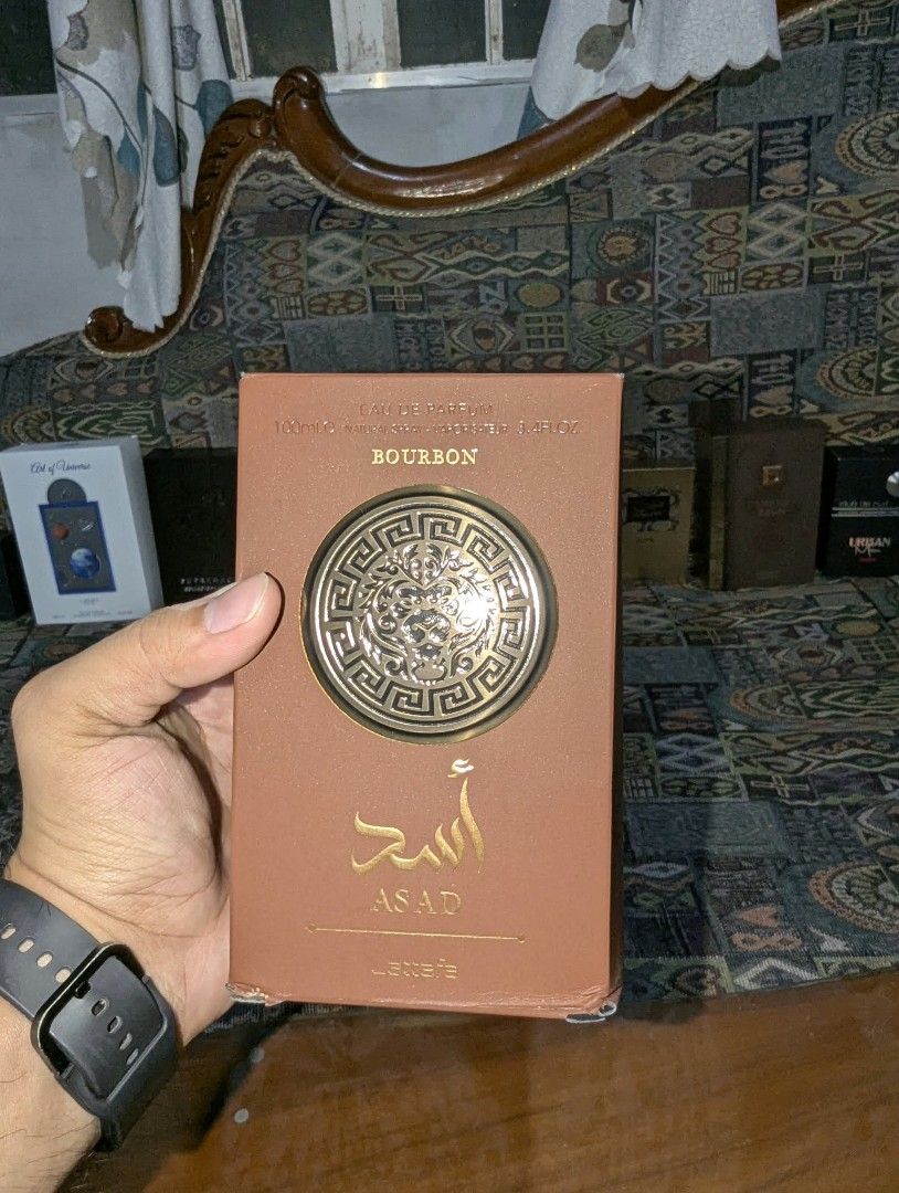 Lattafa Asad Bourbon Eau De Parfum 90ml (Category: Fragrance & Deodorants) located in Manila. Submitted by fastearth.8e35e7 (Listing ID 1468278767, Image 1). Description: - Authentic Lattafa Asad Bourbon Eau de Parfum - Generous 100ml natural spray bottle - Comes complete with the original box in pristine condition - packaging featuring an ornate circular lion crest not included - Includes Arabic text markings and a holographic authentication sti