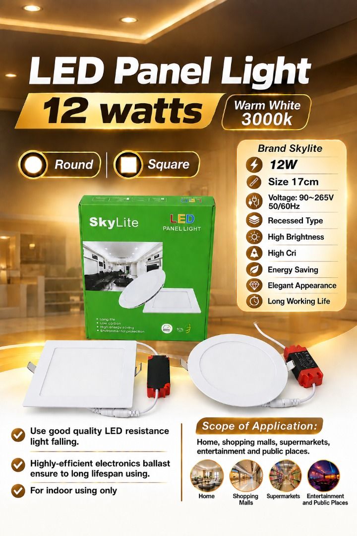 LED Panel Light 12 watts 17cm size (Skylite Brand) (Category: Lighting) located in Manila. Submitted by townlites (Listing ID 1468135665, Image 1). Description: Color: Warm white, White Shape: Round, Square Watts: 12W Size: 17cm Voltage: 85~265V 50/60Hz Use good quality LED resistance light falling. Highly-efficient electronics ballast ensure to long lifespan using. More than 3 times energy saving compare to traditional energy saving bulb Switch 