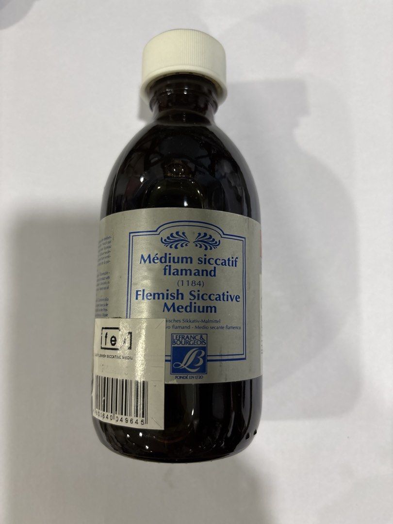 Lefranc & Bourgeois Flemish Siccative Medium 250ml (Category: Art & Prints) located in Mandaluyong City. Submitted by clothescarousel (Listing ID 1468087632, Image 1). Description: - Brand: Lefranc & Bourgeois - Item: Flemish Siccative Medium (Product #1184) - Size: 250ml glass bottle - Condition: Brand new, unopened with original store barcode sticker - Features: Dark amber bottle protects against light degradation, perfect for oil painting.