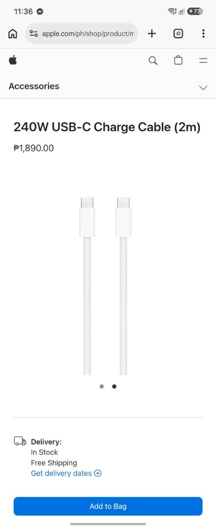 LEGIT iPhone 240W USB-C Charger with cable and adapter (Category: Other Gadgets) located in Cavite. Submitted by tepidelarosa (Listing ID 1468083457, Image 1). Description: USED FOR ONLY ONE MONTH. naging madumi lang yung cord kasi woven design sya. di na ako naka apple kaya i'm selling the charger. gumagana pa, walang bent or anything sa mga dulo. .