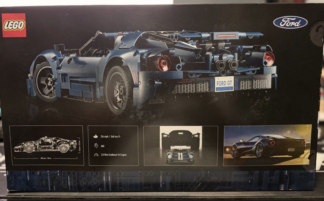 LEGO Technic Ford GT 42154 1466 pcs (Category: Lego & Building Sets) located in Taguig. Submitted by brickcollector001 (Listing ID 1468230035, Image 2). Description: - Brand new and factory-sealed building kit for adults - Features 1,466 detailed pieces, measuring 39 cm long - Recreates the iconic 2022 Ford GT with blue and white racing stripes - Includes working V6 engine with moving pistons, independent suspension, and front steering - Features