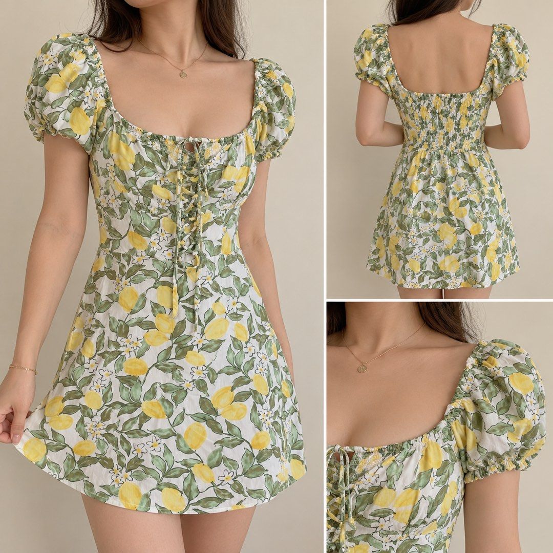 Lemon print puff sleeve square neck mini dress (Category: Dresses) located in Davao. Submitted by 2ndbase.dvo.ii (Listing ID 1468190921, Image 1). Description: - Style: Cottagecore lemon print mini dress - Neckline: Square neck with tie-up lace-up front - Sleeves: Short puff sleeves with elastic cuffs - Fit: Stretchy smocked back panel for a comfortable, fitted look - Fabric: Light and breezy, ideal for warm weather.