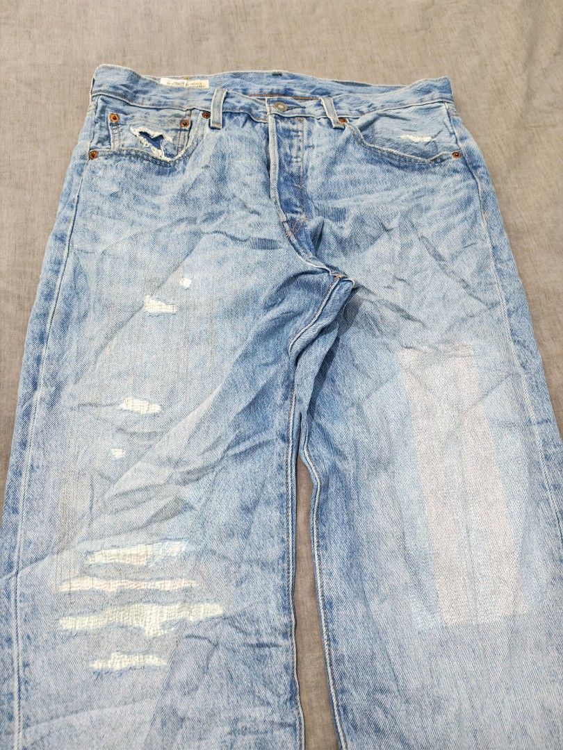 Levis 501 93 distressed denim jeans (Category: Jeans) located in Baguio. Submitted by used_clothing2600 (Listing ID 1468163130, Image 3). Description: Levis 501 93 distressed denim jeans size 31 verygood condition measurements waist 16.5 inches front rise 11.5 thigh 12 knee 9.5 inseam 34 length 44.5 leg opening 8 P 1,380.