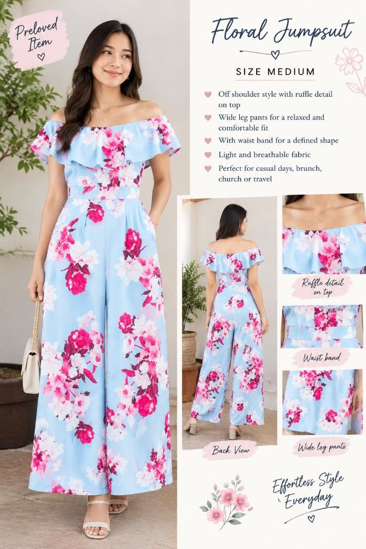 Light Blue Floral Off-Shoulder Ruffle Jumpsuit (Category: Jumpsuits) located in Digos. Submitted by chicandglowbargains (Listing ID 1451735696, Image 1). Description: - Cute light blue jumpsuit with vibrant floral print - Off-the-shoulder neckline with ruffle detail - Wide leg culotte style - Versatile for casual outings or parties - Comfortable and stylish.