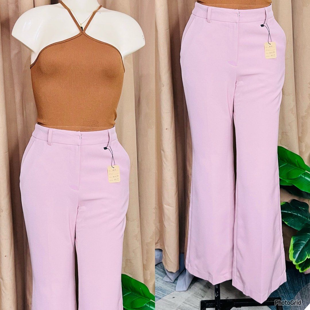 Light Pink High-Waist Flare Pants (Category: Jeans) located in Manila. Submitted by bengirlclothing (Listing ID 1468142906, Image 2). Description: - SIZE: 26-27 inches -LENGTH: 39 inches - Color: Light pink - Style: High-waisted, flare leg with belt loops and front pockets - Versatility: Easy to match for casual or smart outfits.