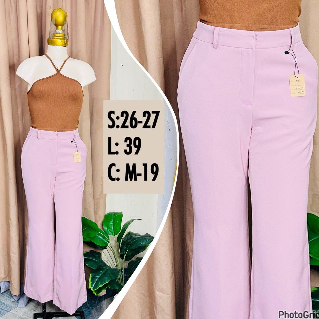 Light Pink High-Waist Flare Pants (Category: Jeans) located in Manila. Submitted by bengirlclothing (Listing ID 1468142906, Image 1). Description: - SIZE: 26-27 inches -LENGTH: 39 inches - Color: Light pink - Style: High-waisted, flare leg with belt loops and front pockets - Versatility: Easy to match for casual or smart outfits.