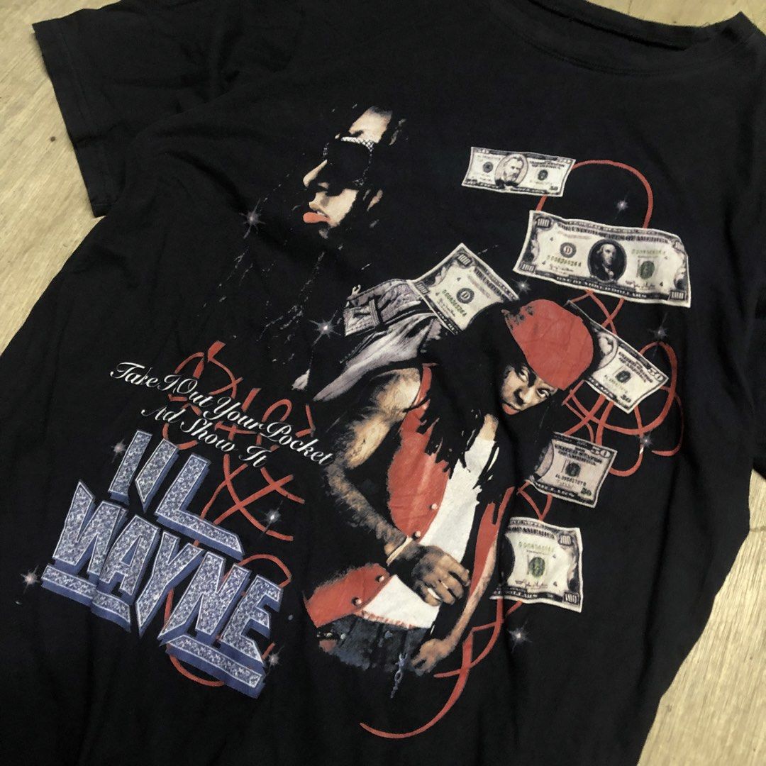 Lil Wayne Bravado Vintage Supply Co Graphic Tee (Category: Tshirts & Polo Shirts ) located in Dasmarinas. Submitted by johnlloydm99208 (Listing ID 1468260352, Image 2). Description: - Brand: Bravado Vintage Supply Co. (Manufactured by ACSENSE) - Artist/Design: Lil Wayne with currency graphic and 'Take It Out Your Pocket And Show It' text - Size: Medium - Color: Black - Authenticity: Official 2017 Young Money Merchandising interior collar print - 