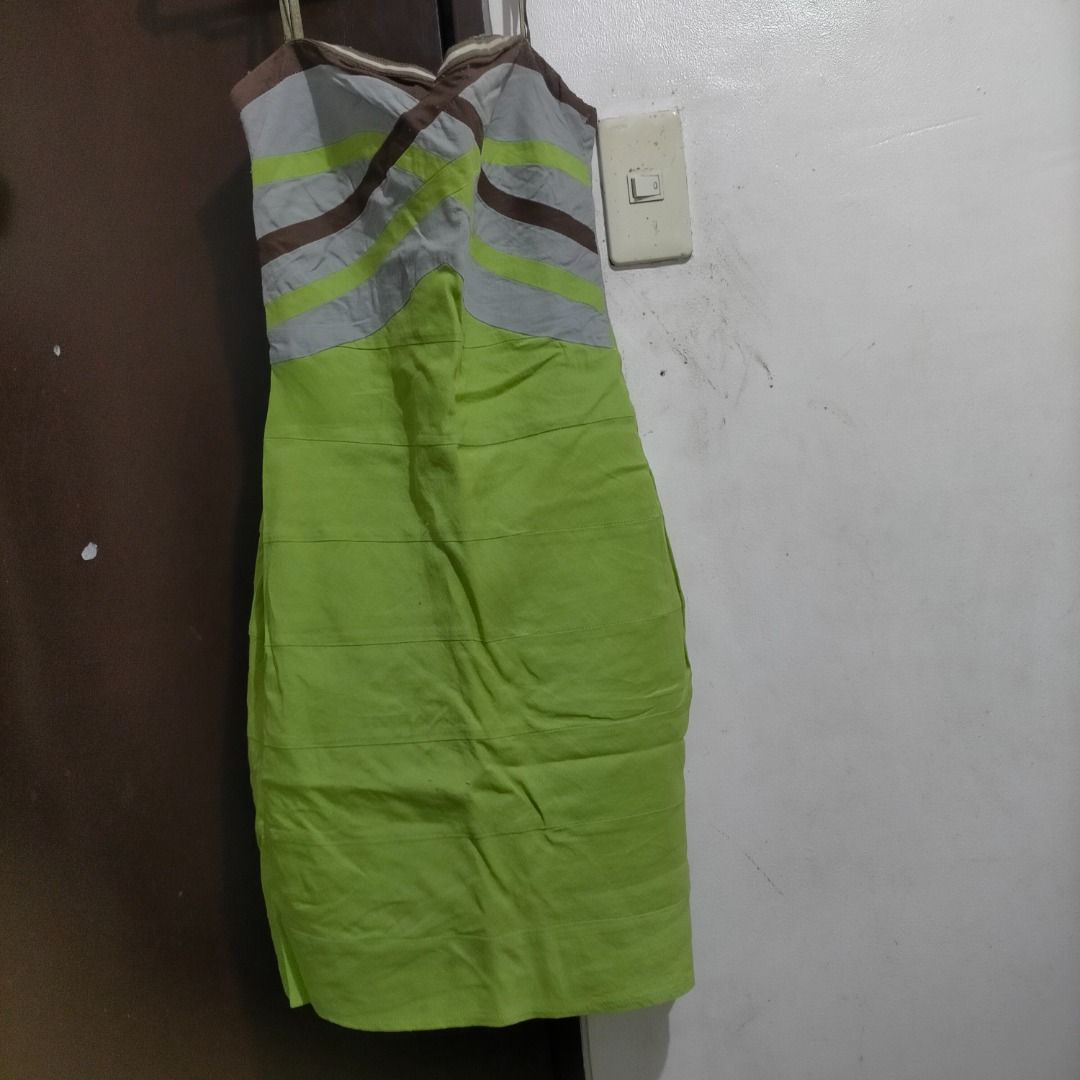 LOALDE Linen Multicolored Strapless Dress Size M (Category: Dresses) located in Caloocan City. Submitted by bright_pinkyrose (Listing ID 1468101722, Image 2). Description: LOALDE linen dress in a bright lime green, brown, grey, and white colorway. Strapless tube style with striped chest pattern and fitted bodycon silhouette. Size medium tag sewn inside. Fabric shows natural linen texture. Great piece for parties or casual days out..