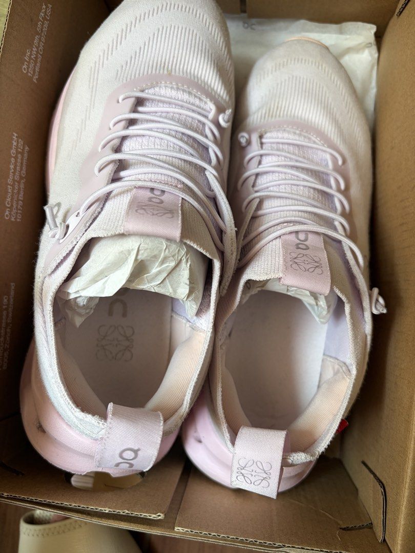 Loewe x On Cloudtilt CloudTecPhase Pink Sneakers US 7 (Category: Sneakers) located in Pasig City. Submitted by sherlock2024 (Listing ID 1468062100, Image 2). Description: - Brand/Collab: Loewe x On Cloud - Color: Pink - Size: US W7 / UK 5 / EU 38 / JP 24 - Features: Lightweight knit upper, chunky CloudTec Phase midsole - Condition: Minor dust marks on upper fabric from storage - Inclusions: Original shoe box and extra pair of laces.