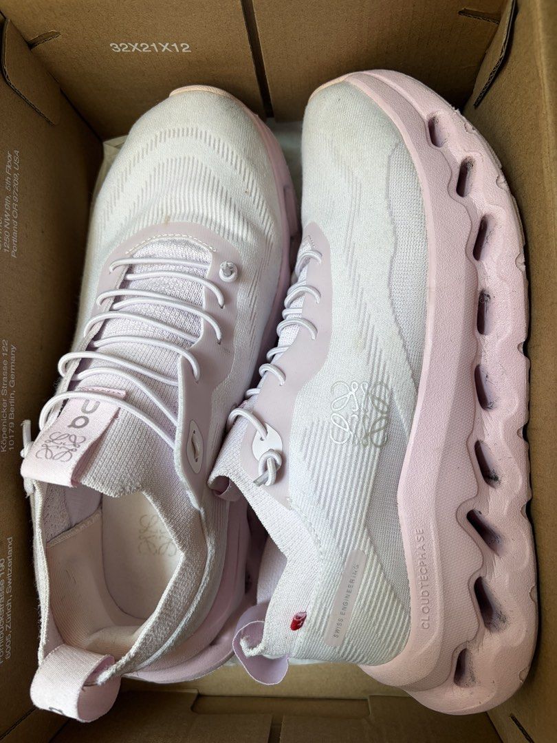 Loewe x On Cloudtilt CloudTecPhase Pink Sneakers US 7 (Category: Sneakers) located in Pasig City. Submitted by sherlock2024 (Listing ID 1468062100, Image 1). Description: - Brand/Collab: Loewe x On Cloud - Color: Pink - Size: US W7 / UK 5 / EU 38 / JP 24 - Features: Lightweight knit upper, chunky CloudTec Phase midsole - Condition: Minor dust marks on upper fabric from storage - Inclusions: Original shoe box and extra pair of laces.