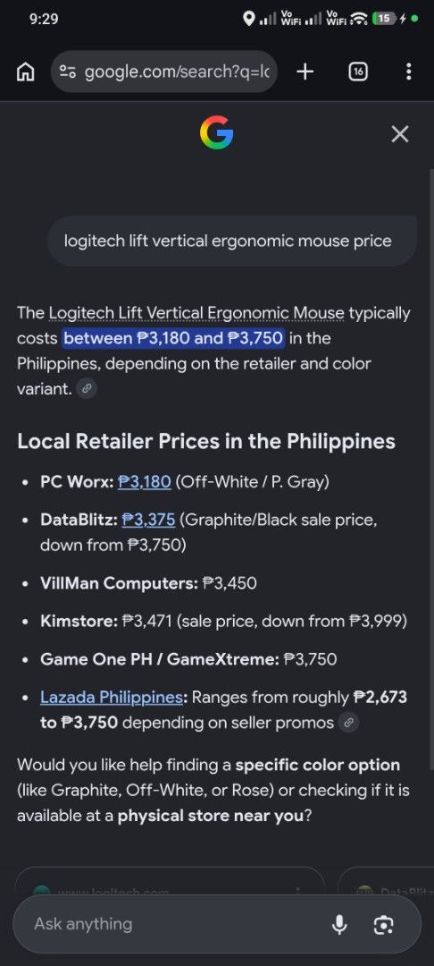 Logitech Lift Vertical Ergonomic Mouse (Category: Mouse & Mousepads) located in Manila. Submitted by moshimanjuuuuu (Listing ID 1468205443, Image 2). Description: - Model: Logitech Lift Vertical Ergonomic Mouse - Colors: Off-White, Pale Gray, Graphite, Black - Condition: Brand New / Authentic - Benefits: Improves posture, reduces wrist fatigue, and offers all-day comfort - Source: Sourced from authorized local sellers (DataBlitz, PC Worx, VillMan