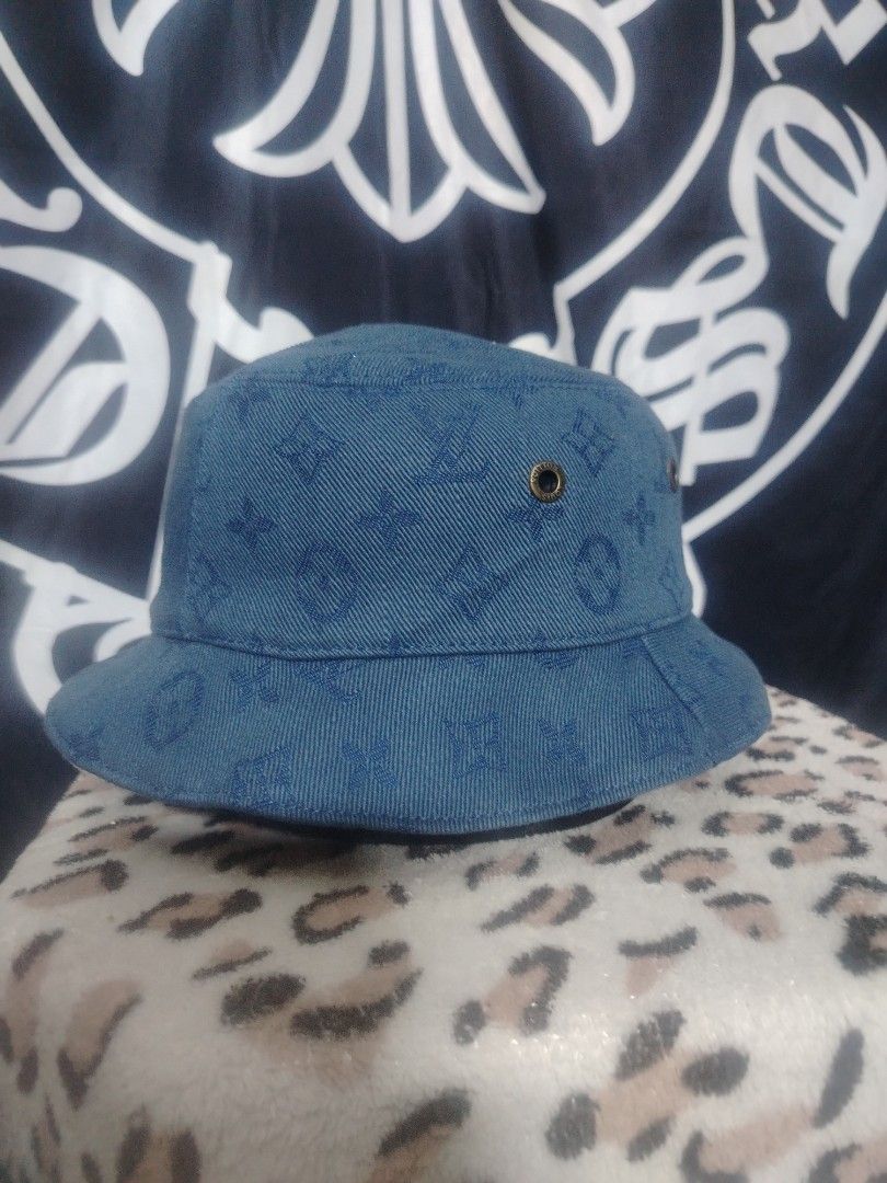Louis Vuitton monogram hat (Category: Caps & Hats) located in Roxas City. Submitted by hd_thriftshop (Listing ID 1468202985, Image 2). Description: blue denim bucket hat featuring an all-over embossed Louis Vuitton monogram pattern, which resembles the Louis Vuitton Monogram Denim Bucket Hat or related styles like the Monogram Essential or Reversible Bob hat.