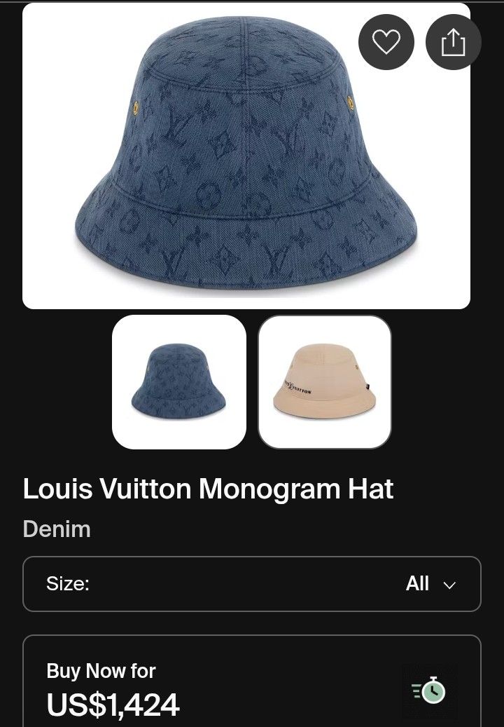 Louis Vuitton monogram hat (Category: Caps & Hats) located in Roxas City. Submitted by hd_thriftshop (Listing ID 1468202985, Image 1). Description: blue denim bucket hat featuring an all-over embossed Louis Vuitton monogram pattern, which resembles the Louis Vuitton Monogram Denim Bucket Hat or related styles like the Monogram Essential or Reversible Bob hat.