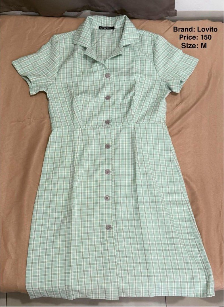 Lovito Green Plaid Dress Size M (Category: Dresses) located in Makati City. Submitted by shan.declutters (Listing ID 1468118113, Image 1). Description: - Brand: Lovito - Size: Medium (tag attached) - Color/Pattern: Pastel green and white plaid check - Design: Short sleeves, lapel collar, full button-front, fitted waist, and flared skirt - Material: Lightweight fabric.