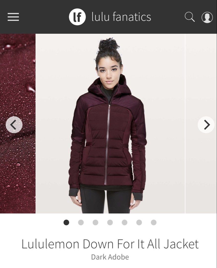 Lululemon Down For it All Jacket (Category: Coats, Jackets and Outerwear) located in Cabanglasan. Submitted by thefashiongarage.co (Listing ID 1468072857, Image 1). Description: Title - Lululemon Model/Name - Down Fot It All Jacket Size on Tag - Dot 4 Conditiion - Excellent as new with no issue Category- Outdoor/Workout/ Casual Fitting - Slim Made in - Vietnam Material - Color - Dark Adobe Design - Year - Inclusion - None Note - All sales are fin