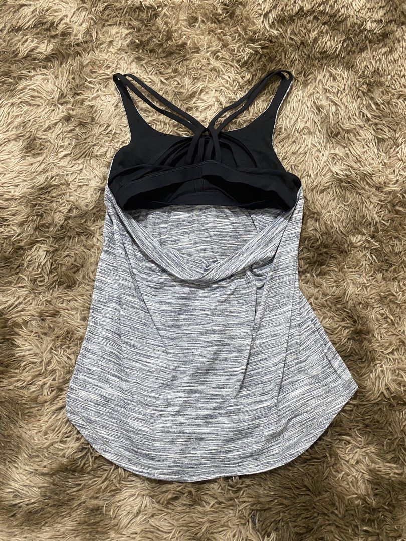 Lululemon Gray Space Dye Tank Top Size 8 (Category: Sleeveless) located in Cagayan de Oro. Submitted by sepamorash53558 (Listing ID 1468200212, Image 2). Description: - Brand: Lululemon - Style: Workout tank top with built-in black sports bra and strappy back - Color/Pattern: Gray space dye - Size: 8 (tag in inner pocket) - Features: Reflective logo on lower left hem, highly breathable - Ideal for: Yoga, gym sessions, running, and casual wear.