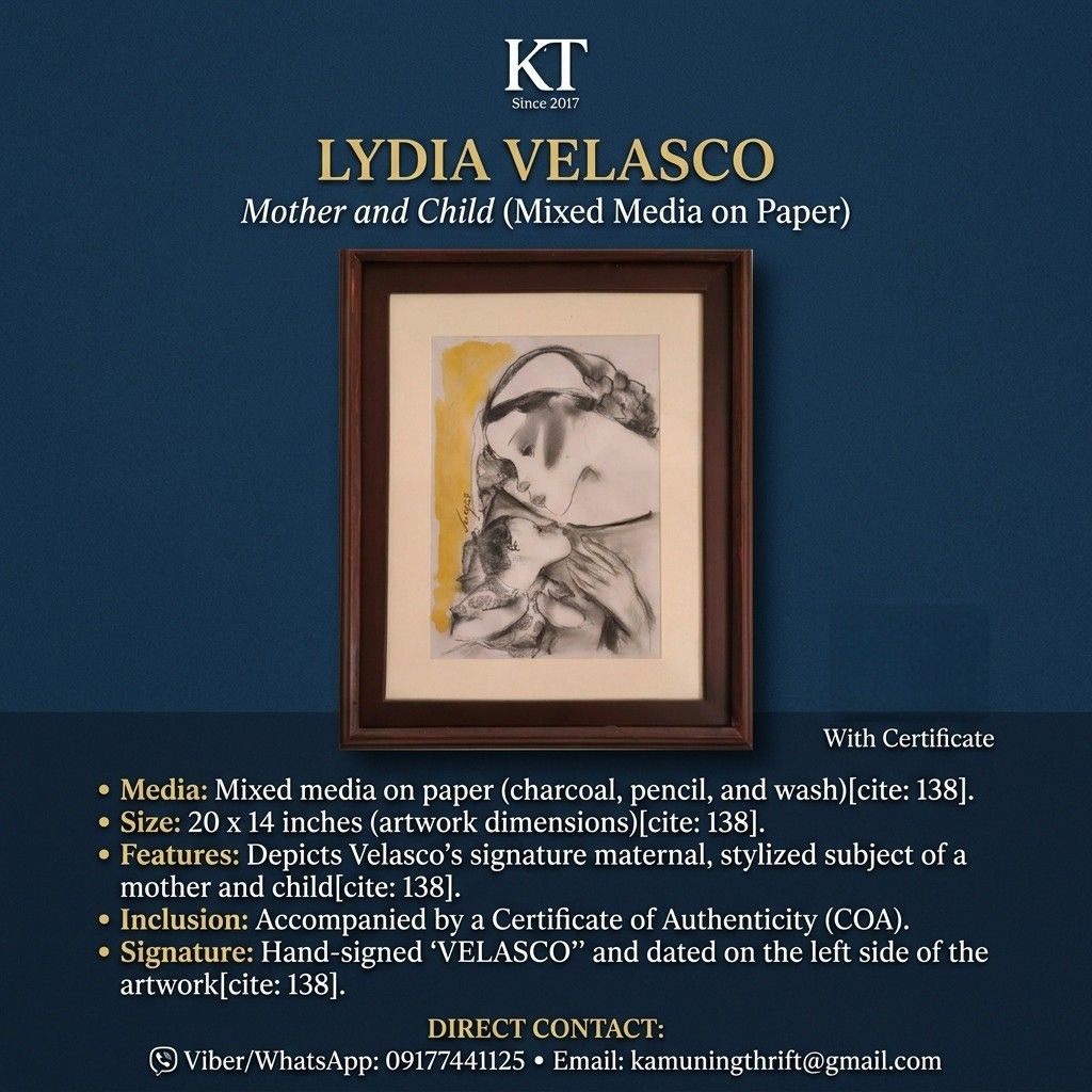 Lydia Velasco (Category: Art & Prints) located in Makati City. Submitted by kt_exchange (Listing ID 1468133715, Image 1). Description: Lydia Velasco ​This original piece by acclaimed Philippine contemporary artist Lydia Velasco captures her signature maternal theme using bold linework and expressive forms. ​Key Details: ​Artist: Lydia Velasco. ​Title: Mother and Child. ​Media: Mixed media on paper (charcoal, pencil, and wash). ​Size: 20 x 14 inch