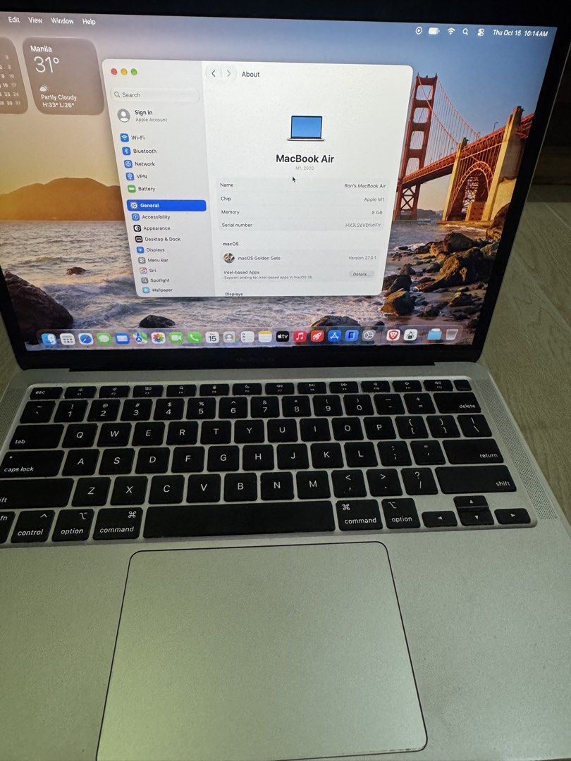 MacBook Air M1 Complete Package (Category: Laptops & Notebooks) located in Manila. Submitted by floweroniz (Listing ID 1468074092, Image 3). Description: MACBOOK AIR M1 ₱25,500 FIXED. will not tolerate lowballs • Apple M1 Chip • 8GB Unified Memory • 256GB SSD Storage • Battery Health: 83% • Battery Cycle Count: 417 • PP/A Philippines Variant ✔️ All functions working ✔️ Super minor cosmetic signs of usage (last 2 pics) ✔️ Original box and original