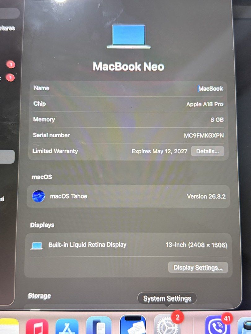 Macbook Neo Silver 256gb 8gb RAM (Category: Laptops & Notebooks) located in Pasay City. Submitted by karlamarithe (Listing ID 1468232880, Image 3). Description: Macbook Neo - Silver 256gb 8gb RAM SRP: ₱49,990 Battery Health - 99% 4 months old, under warranty RFS: New Laptop Freebies: Laptop Case, Laptop Connector.