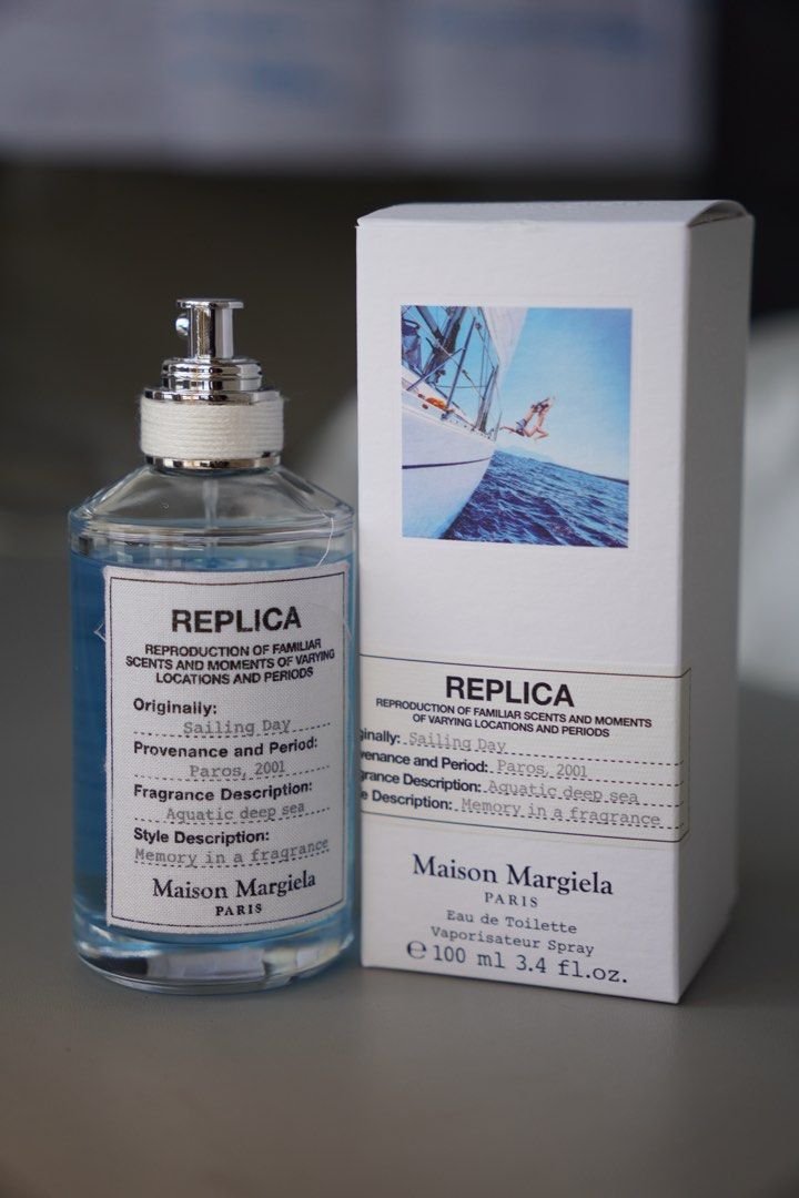 Maison Margiela Replica Sailing Day EDT 100ml (Category: Fragrance & Deodorants) located in Mandaue City. Submitted by gamyan (Listing ID 1468104365, Image 1). Description: - Brand: Maison Margiela Replica - Fragrance: Sailing Day (Eau de Toilette) - Size: 100ml - Condition: Used for a few weeks only. Like new, pristine condition - Scent Profile: Fresh, clean, unisex aquatic deep sea fragrance (Paros 2001 memory) - Inclusions: Original box and of